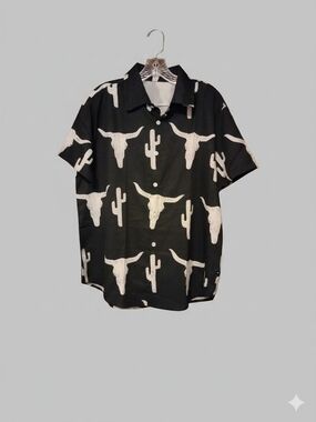 Western Bull Skull & Cactus Print Button-Down Shirt